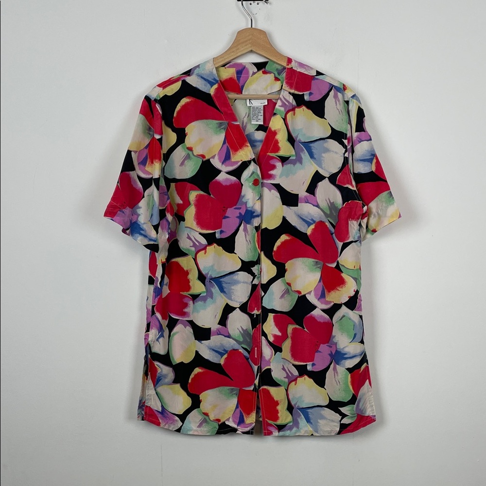 VTG K Arnold Silk Short Sleeve Band Collar V Neck Women 8 Floral Button-Up Shirt